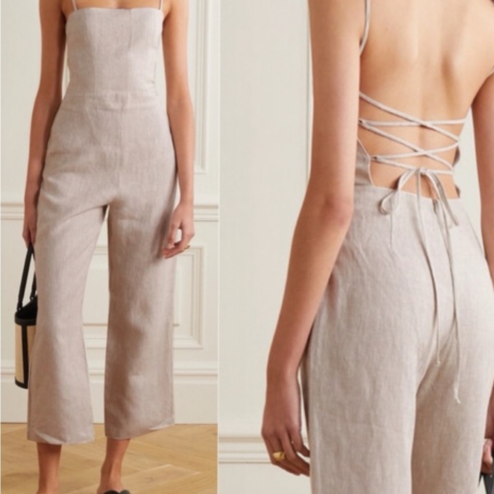 Reformation Beige Linen Strappy Back Wide-Leg Jumpsuit